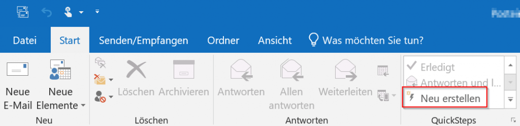 Outlook-Menüband Start mit hervorgehobener Schaltfläche Neu erstellen im Bereich QuickSteps