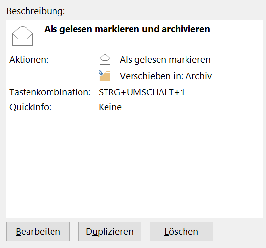 Outlook-QuickStep Als gelesen markieren und archivieren mit der Tastenkombination Strg+Umschalt+1