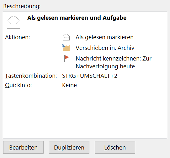 Outlook-QuickStep Als gelesen markieren und Aufgabe mit Nachverfolgung heute und Tastenkombination Strg+Umschalt+2