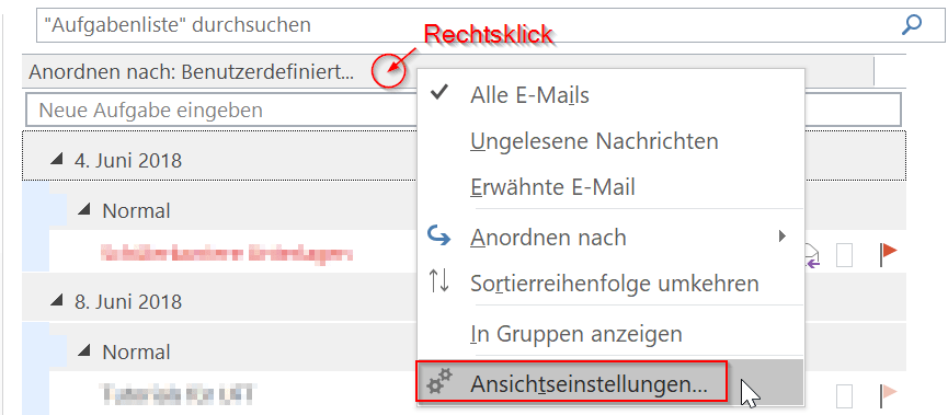 Rechtsklick in der Outlook-Aufgabenliste öffnet das Kontextmenü mit dem Eintrag Ansichtseinstellungen