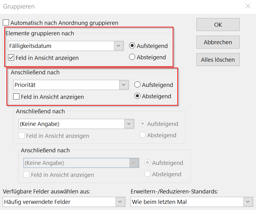 Outlook-Dialog Gruppieren: Aufgaben nach Fälligkeitsdatum aufsteigend und anschließend nach Priorität absteigend sortieren