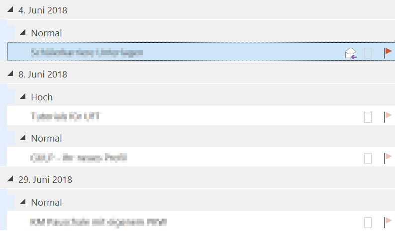 Outlook-Aufgabenliste, nach Fälligkeitsdatum gruppiert und innerhalb der Tage nach Priorität sortiert