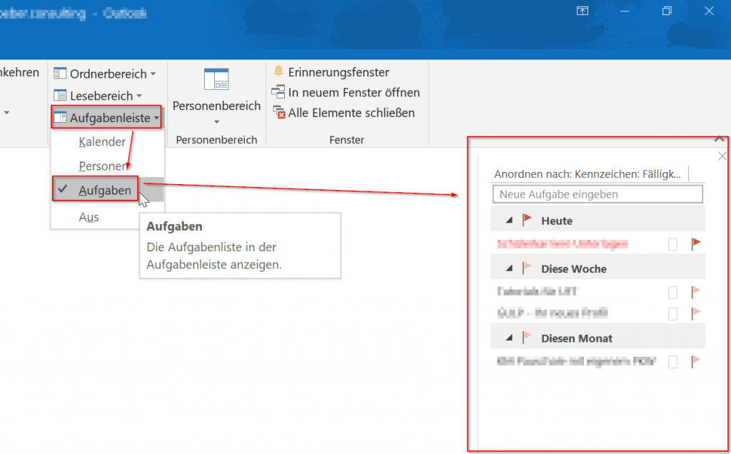 Outlook-Menü Ansicht: über Aufgabenleiste und Aufgaben wird die To-do-Liste am rechten Fensterrand eingeblendet