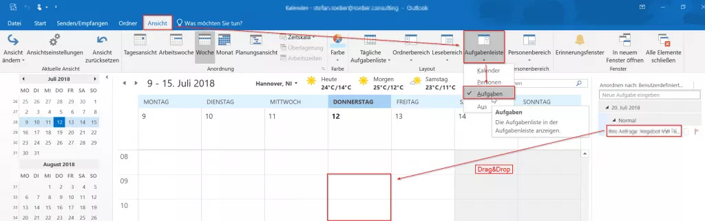 Outlook-Kalender in der Wochenansicht: eine Aufgabe aus der Aufgabenleiste wird per Drag-and-drop als Termin eingeplant