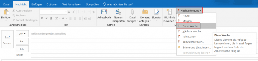 Outlook-Nachrichtenfenster mit geöffnetem Menü Nachverfolgung und ausgewählter Option Diese Woche