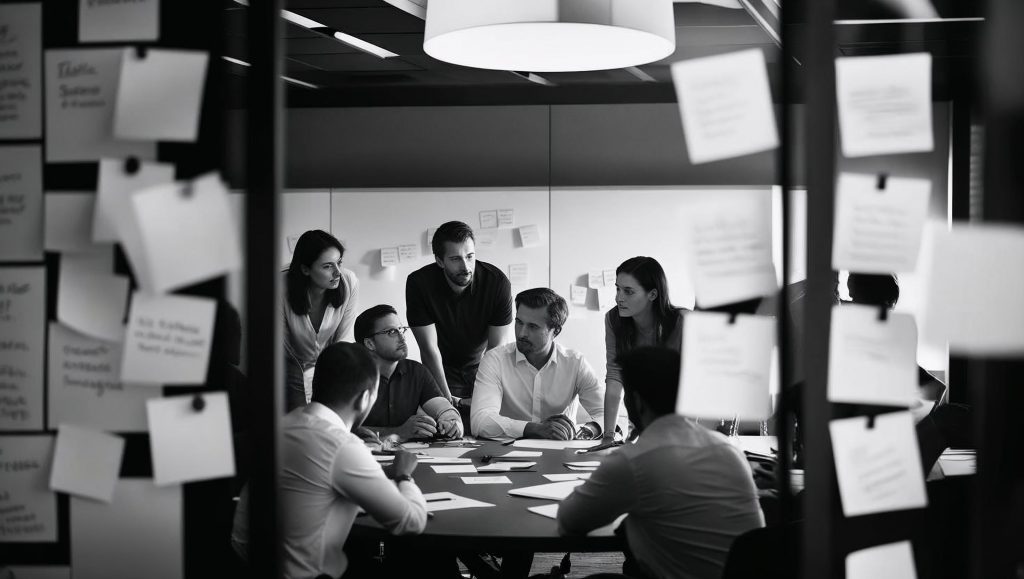Schwarz-Weiß-Foto einer Teamreflexion oder moderner Meetingraum, mit Post-Its oder Denkfläche
